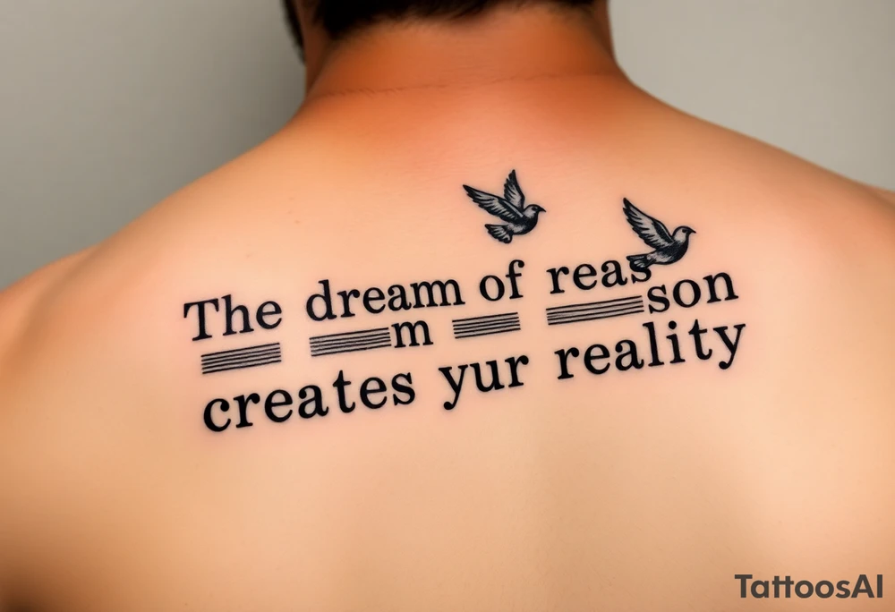 "Forearm text tattoo: phrase 'The dream of reason creates reality' in monospace font, where letters gradually transform into flying pixelated doves. Black ink only, glitch effect between words." tattoo idea