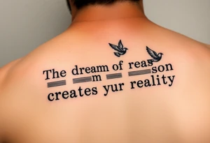 "Forearm text tattoo: phrase 'The dream of reason creates reality' in monospace font, where letters gradually transform into flying pixelated doves. Black ink only, glitch effect between words." tattoo idea