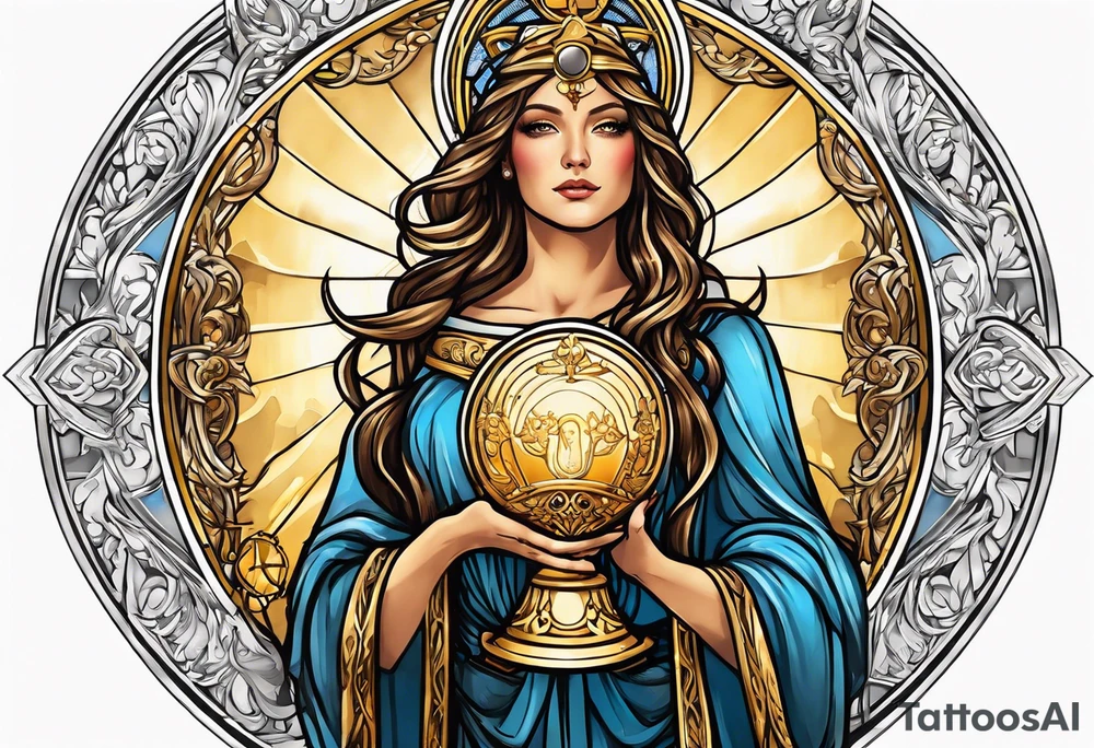 woman saint holding chalice surrounded by golden halo with a tower tattoo idea