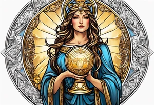 woman saint holding chalice surrounded by golden halo with a tower tattoo idea