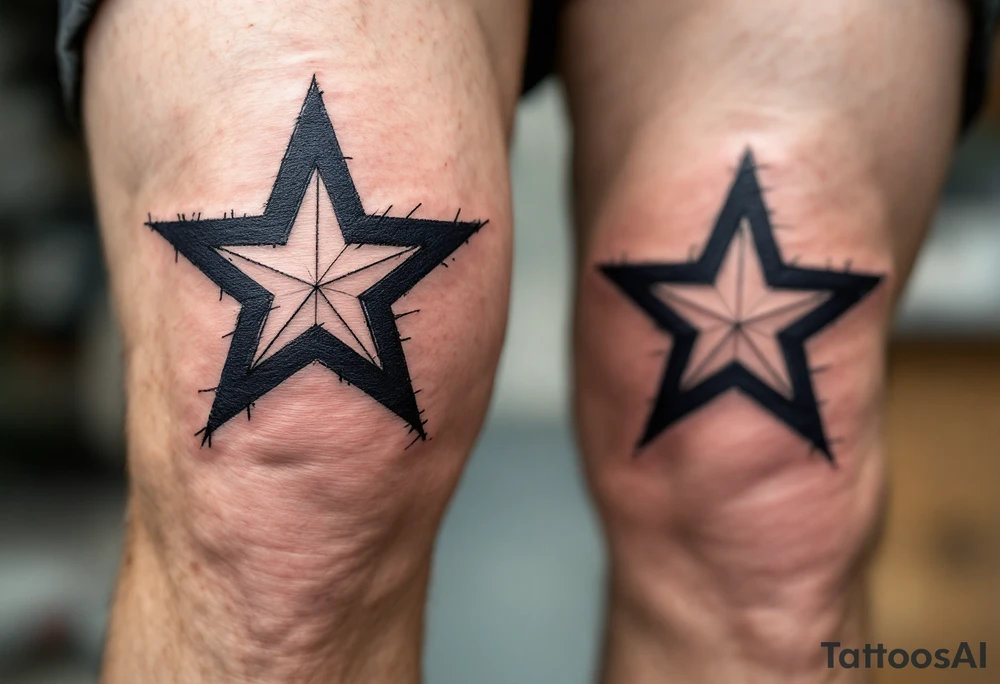 Sketch-style navy stars with visible pencil strokes, centered on each kneecap, giving the design an artistic, raw and in-progress look. tattoo idea