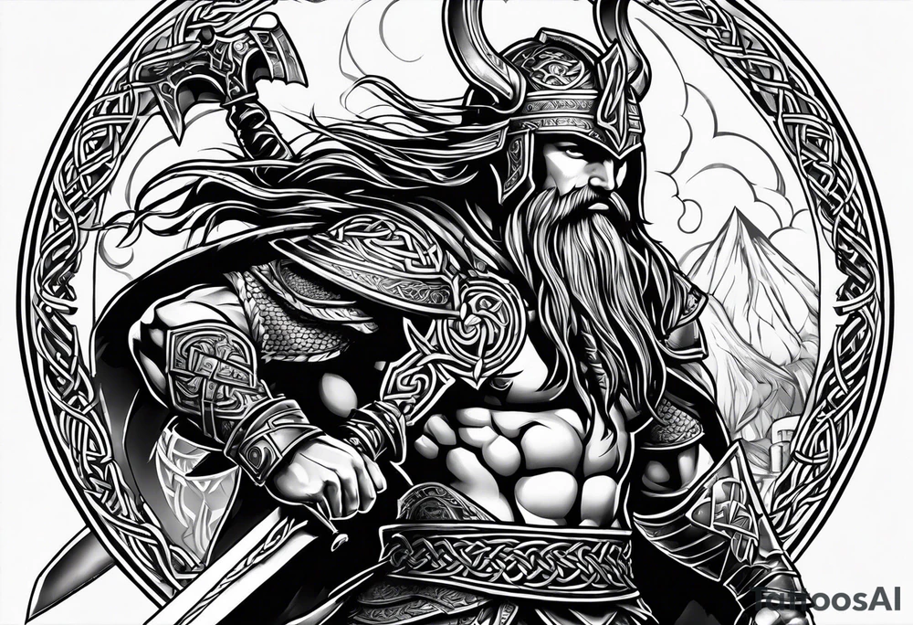 Side prfile full body of Celtic warrior walking into battle tattoo idea