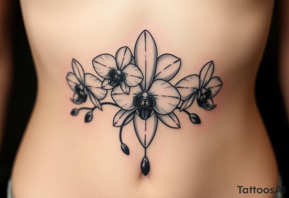 3 delicate orchids realistic with a mix with vagina tattoo idea