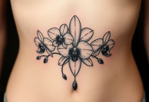 3 delicate orchids realistic with a mix with vagina tattoo idea