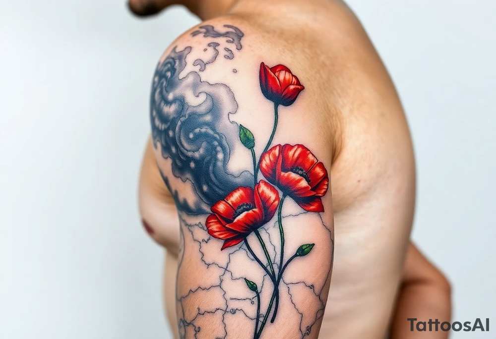War zone with 2 poppy’s growing out of the smoke with 11B in the background and layer this on top of a map tattoo idea