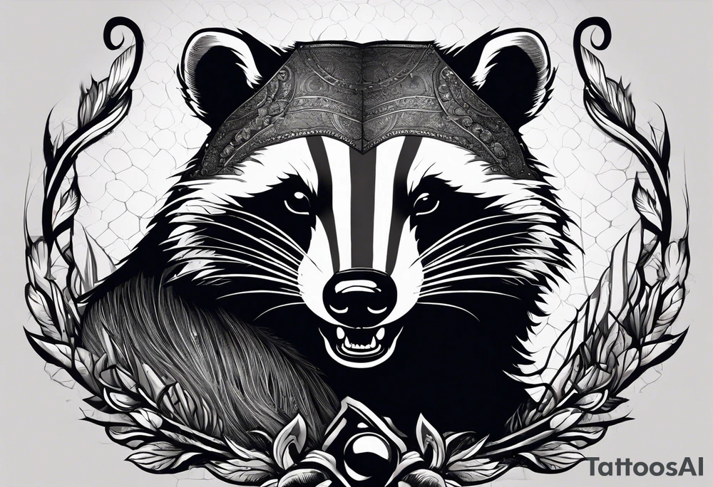 Draw me hunting badger with aggressive full body, killer face with a smile, very long nails and he attacks like a Turkish gladiator to enemy and also he has very deadly looking. The only weapon is his braveness he fights with his nails. Everybody scares after their first sight. And horror type Badger this is. tattoo idea