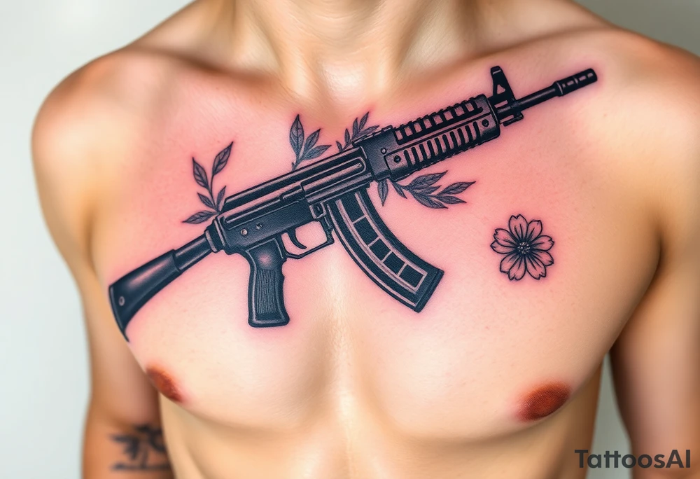ak 47 black silhouette with floreal details tattoo idea