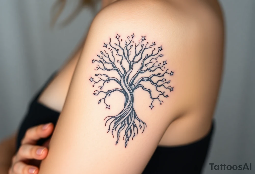 mystical tree of life with cosmic roots and celestial branches, stars 
more full tree and sparkles around ethereal tattoo idea