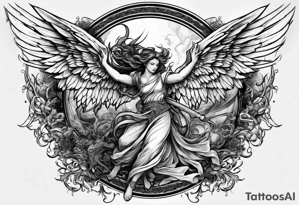 Create a dynamic tattoo of an angel and a demon engaged in a fierce battle, symbolizing the eternal struggle between good and evil within oneself. tattoo idea