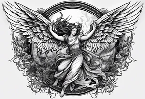 Create a dynamic tattoo of an angel and a demon engaged in a fierce battle, symbolizing the eternal struggle between good and evil within oneself. tattoo idea