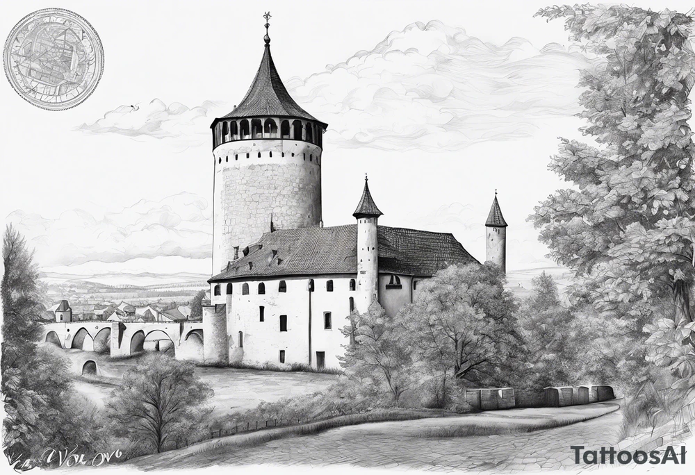 picture of Varaždin tower
with the names vesna and ivo under it tattoo idea