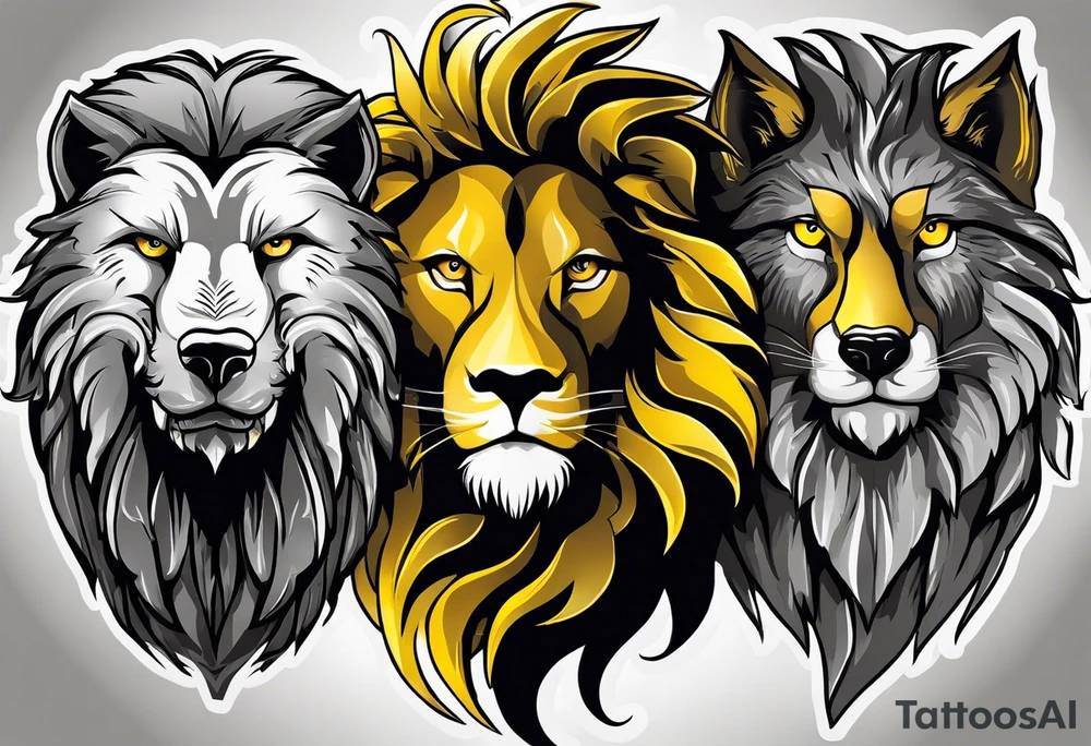 create a tattoo style image, merging the faces of 3 animals, an American eagle with a yellow beak, a lion and a wolf, the image must be half of the left face of the American eagle with a yellow beak merging with the entire face of the lion, and half of the right face of the wolf mixing with the entire face of the lion tattoo idea