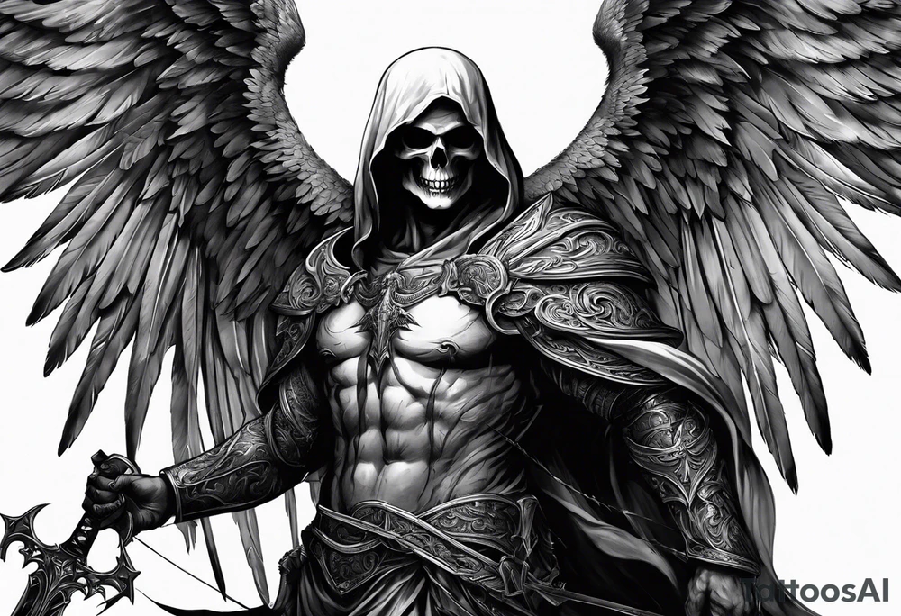 realistic full body of man angel of death, without face, holding sword tattoo idea