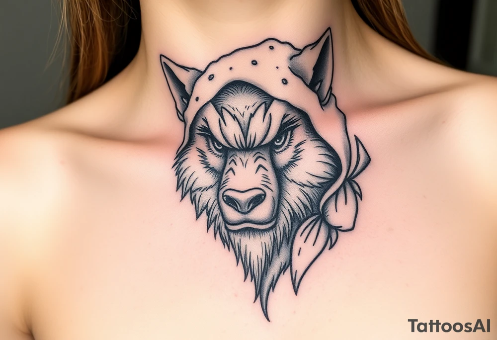 Big bad wolf nursery rhyme wearing a sheep costume with sheep head hood to kill and eat the three little pigs and little red riding hood tattoo idea