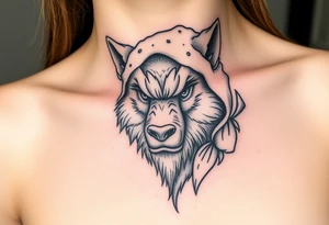 Big bad wolf nursery rhyme wearing a sheep costume with sheep head hood to kill and eat the three little pigs and little red riding hood tattoo idea