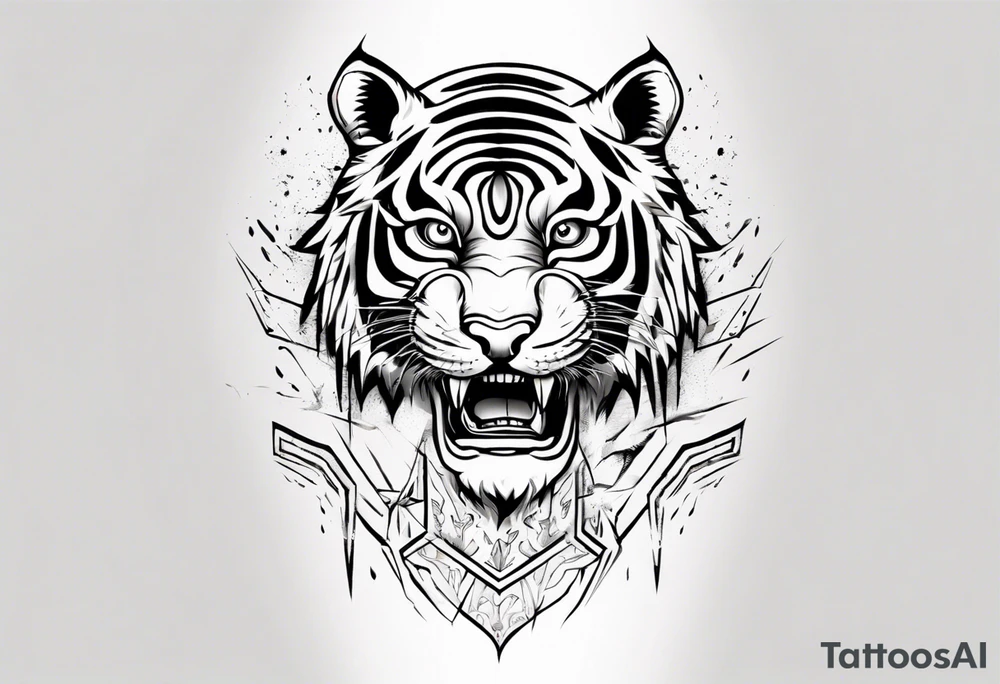 Ancient tiger with lightning and a sun for a forearm sleeve. With patterns surrounding it tattoo idea