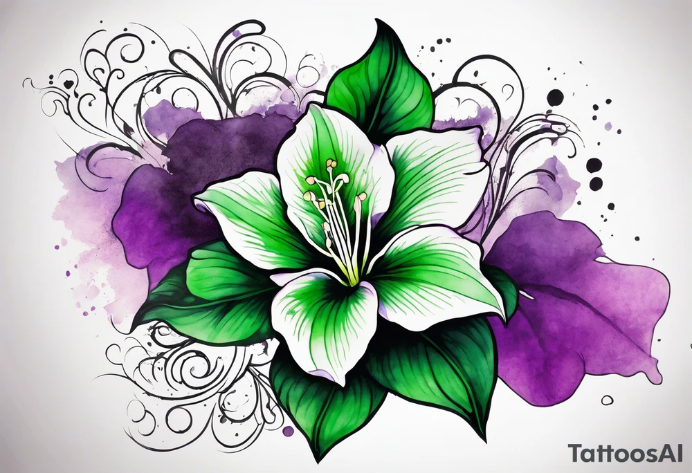 A mystical outline of a green and purple rio dipladenia flower and a green and purple watercolor splash in the background tattoo idea