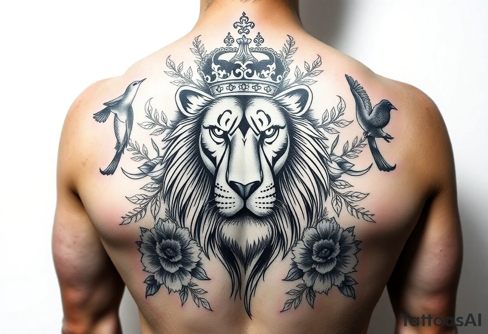 powerful majestic lion with a crown, surrounded by floral ornaments and birds tattoo idea