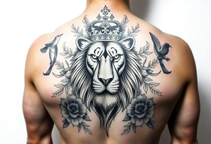powerful majestic lion with a crown, surrounded by floral ornaments and birds tattoo idea