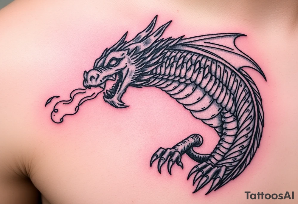 fierce dragon breathing iridescent fire against stormy skies tattoo idea