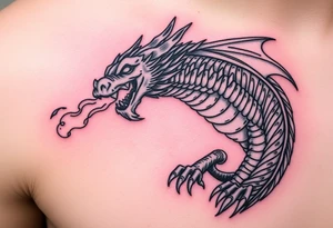 fierce dragon breathing iridescent fire against stormy skies tattoo idea