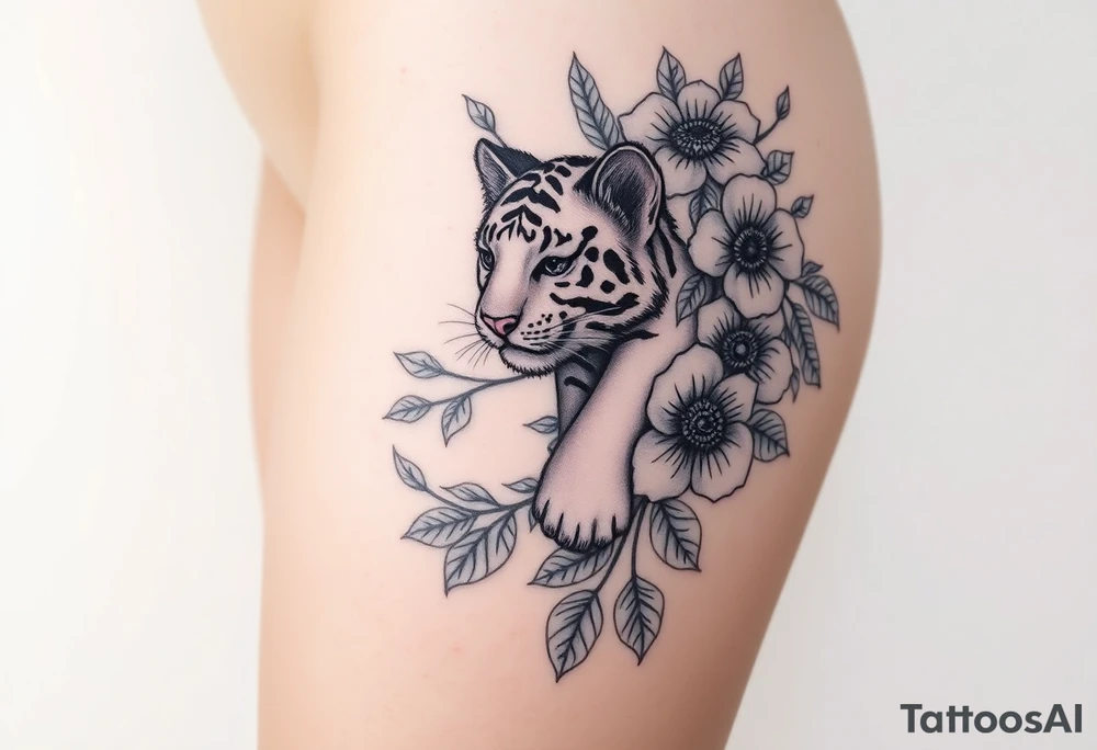 Floral tattoo with baby tiger in the flowers 🌺 tattoo idea
