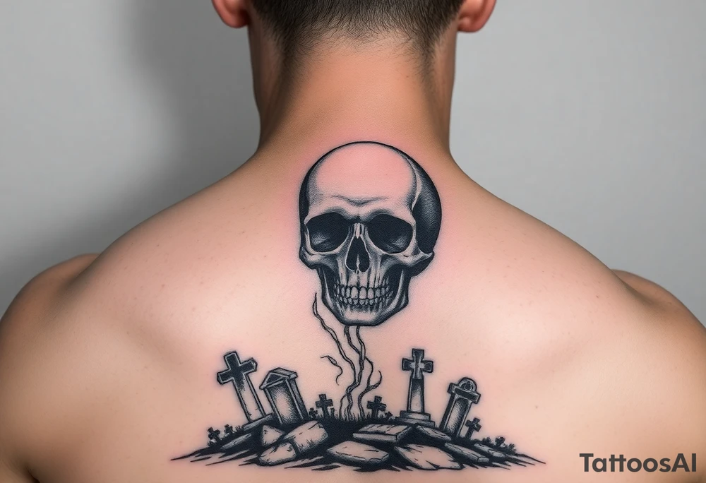 Full moon morphed with a skull shining above an eerie cemetery tattoo idea