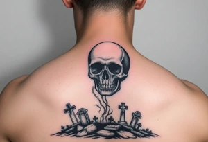 Full moon morphed with a skull shining above an eerie cemetery tattoo idea