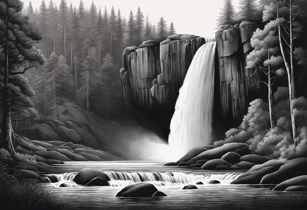 waterfall going into a river with a camp site in Australia tattoo idea