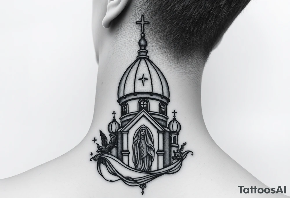 Flowing Scene

A onion dome orthodox church
Virgin Mary in prayer pose wrapping around the lower neck curve
A small eagle or just the star tucked above the dome near the hairline tattoo idea
