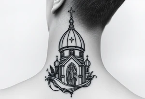 Flowing Scene

A onion dome orthodox church
Virgin Mary in prayer pose wrapping around the lower neck curve
A small eagle or just the star tucked above the dome near the hairline tattoo idea