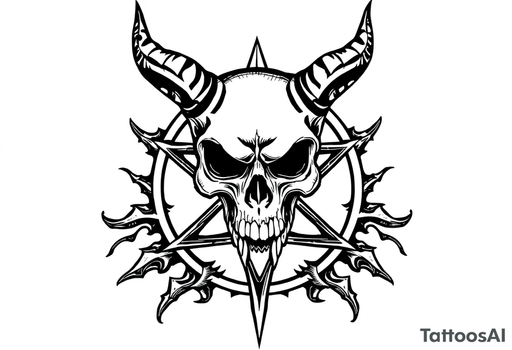 Demon skull over a pentagram surrounded by jagged flowing lines tattoo idea