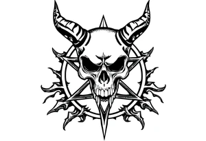 Demon skull over a pentagram surrounded by jagged flowing lines tattoo idea