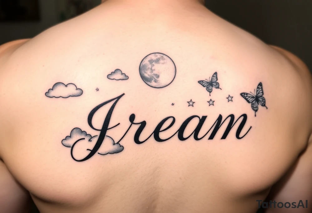 The name Jream in cursive with shaded clouds, a moon and butterfly’s with stars tattoo idea