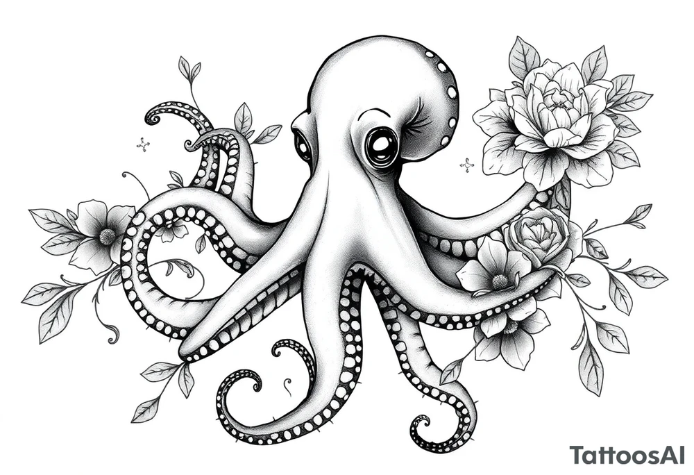 realistic octopus, detailed linework, intricate, black-and-grey shading, surrounded by floral ornaments, intertwining and merging with flowers, thin black swirling lines, semi-transparent brown leaves, dotwork, ornamental flourishes, radiating design, fine-line style, minimalistic, organic flow, feminine, artistic, slightly surreal, seamless composition, marine botanical fusion, lifelike texture, graceful rhythm, smooth shading, soft leaves wrapping, blooming shoulder flower, outward radiating pattern, vine tentacle flow, integrated sea creature, botanical octopus curved body placement, natural organic movement tattoo idea