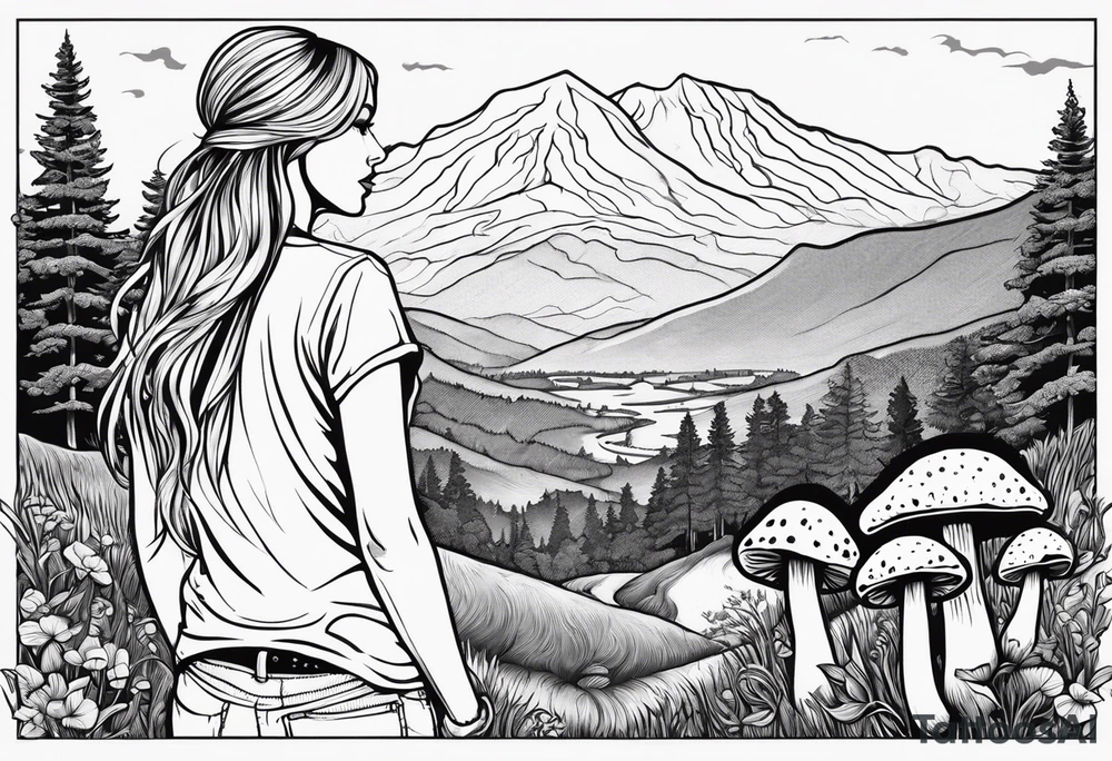 Straight long blonde hair hippie girl in distance holding mushrooms in hand facing away toward mountains and creek surrounded by mushrooms tee shirt and hiking pants tattoo idea