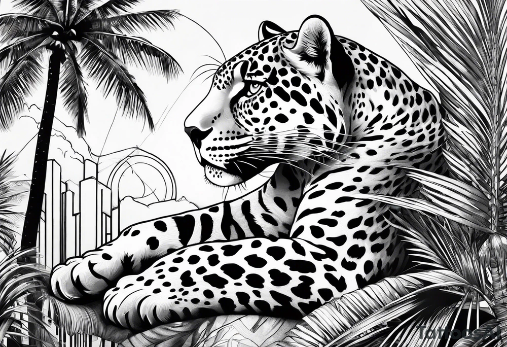 jaguar laying on palm tree tattoo idea