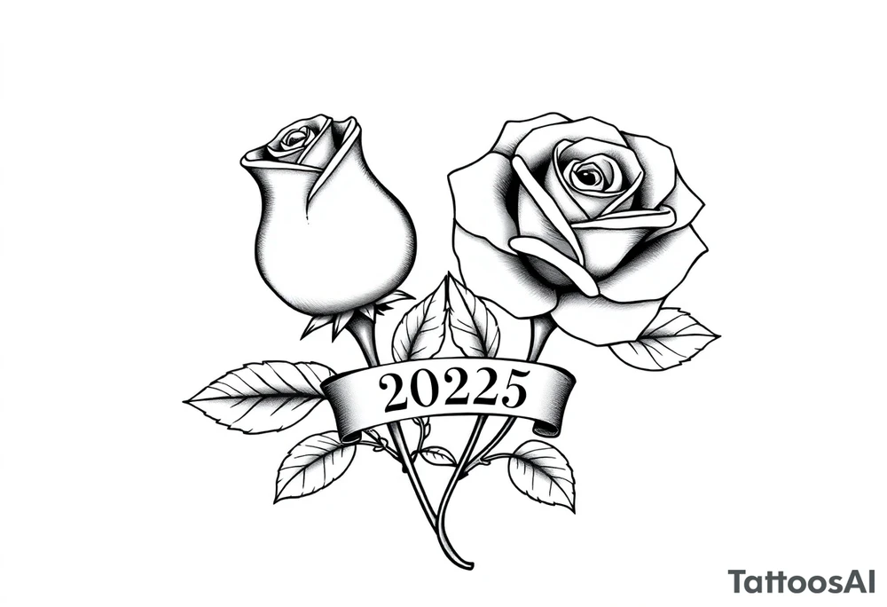 two beautiful large rose buds, one larger than the other, with many leaves next to the rose buds, with one sitting higher than the other. Include a banner connecting the two roses with the year "2025" on it.   Use dark outlines with little shading. The two stems should be short, not long, and connect and join into one stem, whimsically curved or twisted - not straight down. tattoo idea