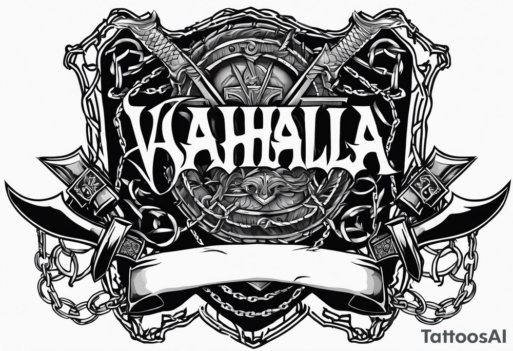 Valhalla sword shield axe barbed wire chains dark cloud tattoo idea