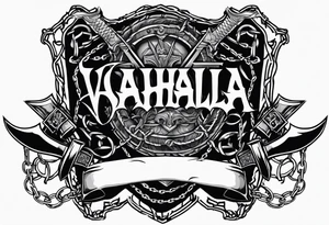 Valhalla sword shield axe barbed wire chains dark cloud tattoo idea