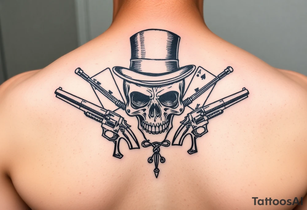 voodoo skull, top hat, ace cards, six guns tattoo idea