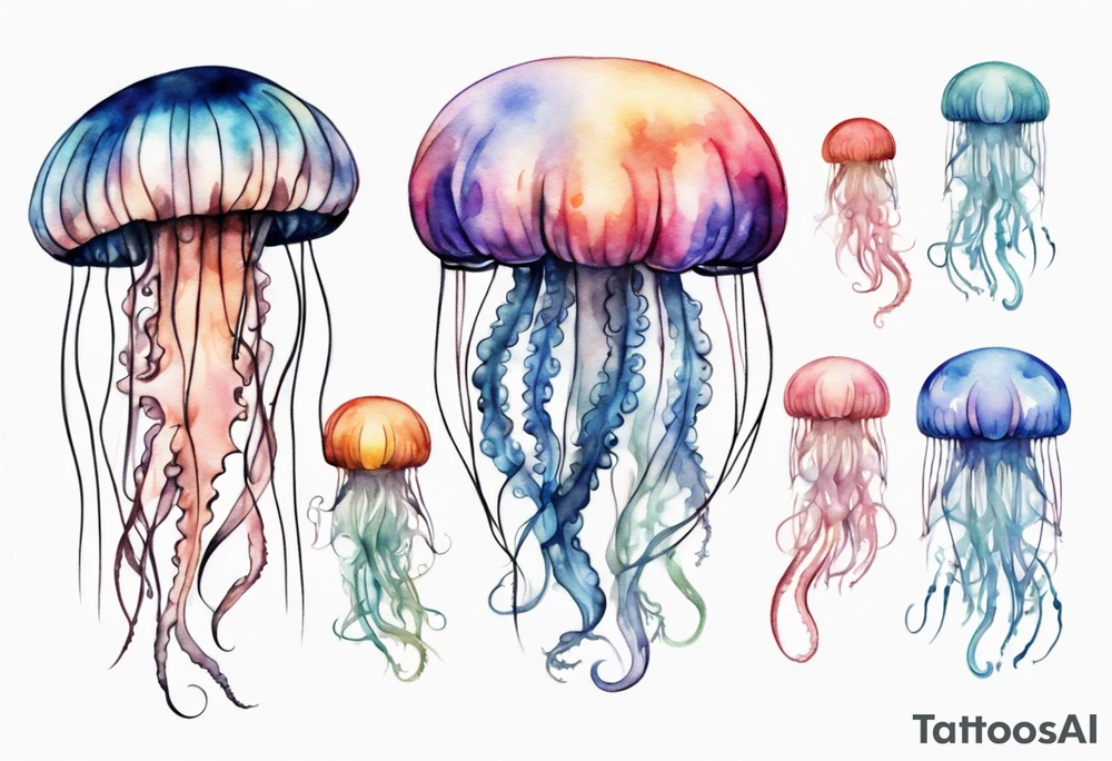 One large jellyfish with long tentacles, surrounded by two or three smaller jellyfish tattoo idea