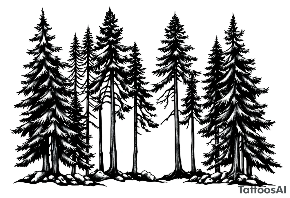 Coniferous forest trees in black and gray tattoo sleeve tattoo idea