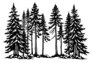 Coniferous forest trees in black and gray tattoo sleeve tattoo idea