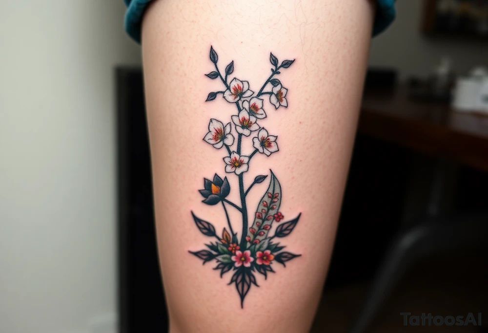 Lilly of the vally plants underneath a blooming hawthorn tree with other colorful plants on ground tattoo idea