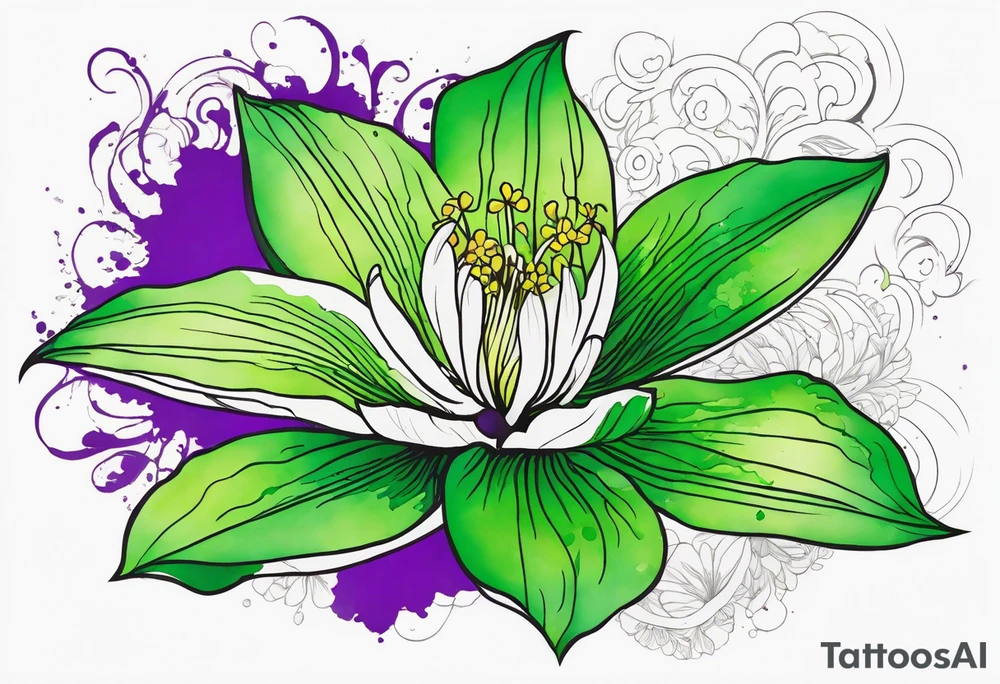 An outline of a green rio dipladenia flower and a green/purple watercolor splash in the background tattoo idea