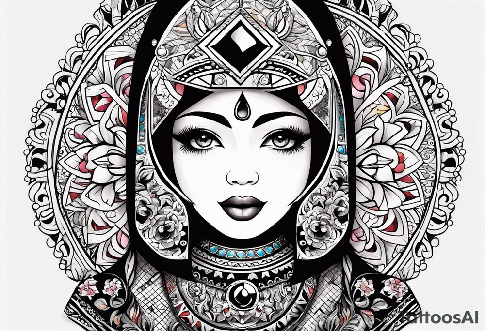 Russian doll with geometric design, surrounded by tapestry tattoo idea