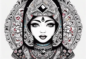 Russian doll with geometric design, surrounded by tapestry tattoo idea
