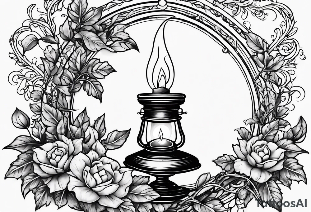 Oil lamp surrounded by leafy vines tattoo idea