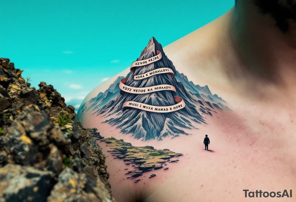 "Kdyz nejde hora k Mohamedovi, musi Mohamed k hore." — A small figure walking toward a majestic gray mountain under a blue sky, with the quote winding around the peak. tattoo idea